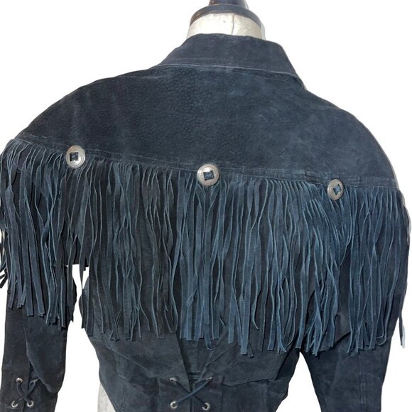 Winlit Vintage Jacket Size Medium Black Suede Fringe Asymmetric Snap Closure - Picture 5 of 14